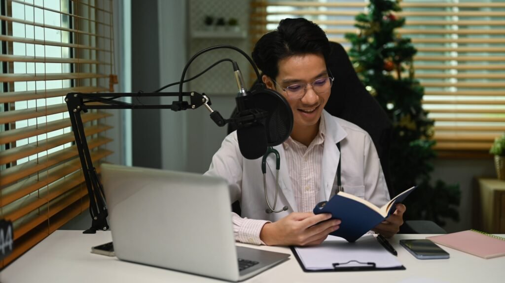 Doctor medical advices or professional healthcare consultation via online podcast from home.